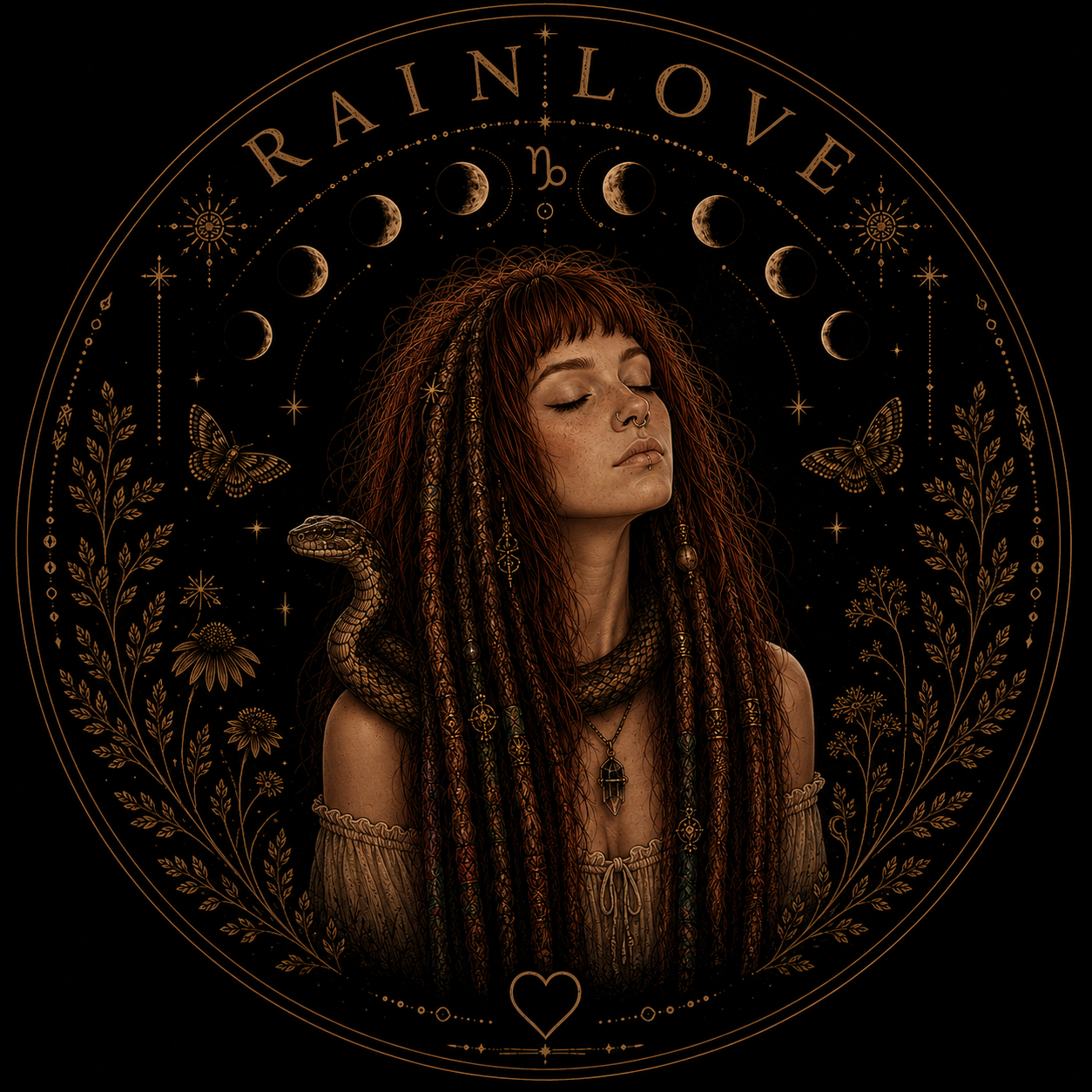 Rain Love emblem — a woman with closed eyes, a serpent, and moon phases, encircled by wildflowers and moths